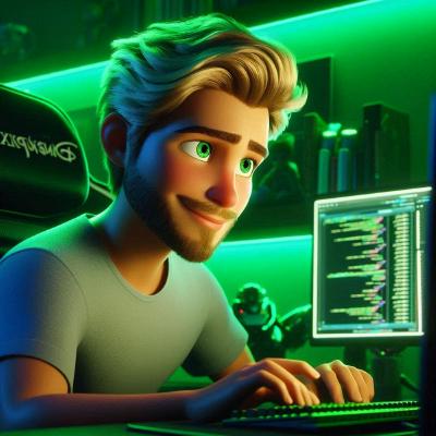 Imagem de uma pessoa programando no estilo Disney Pixar
